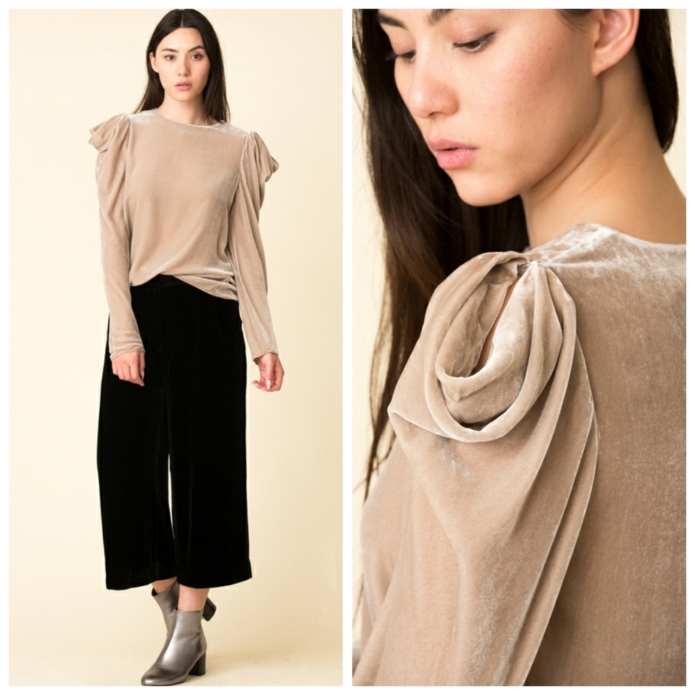 Tibi Silk Velvet Marble Cream Drape Sleeve Top
